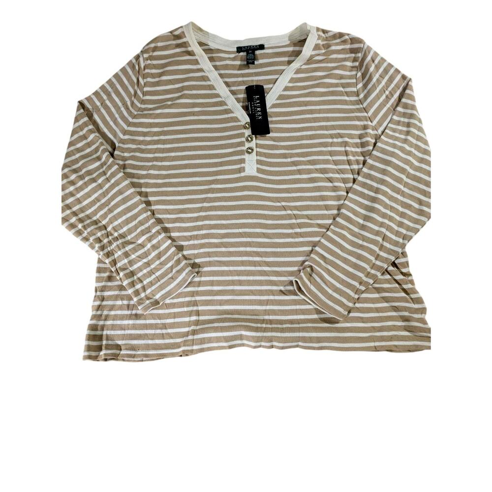 Lauren Ralph Lauren Shirt Womens 3X Tan White Stripe Henley V Neck Long Sleeve